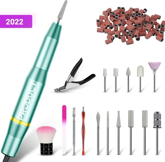 ProductPlanet Premium Elektrische Nagelvijl Set 2022 - Nagelvijl Electrisch - Manicure En Pedicure Set - Electrische Nagelvijl - 60 Schuurrolletjes & 11 NagelFrees Bitjes - Groen