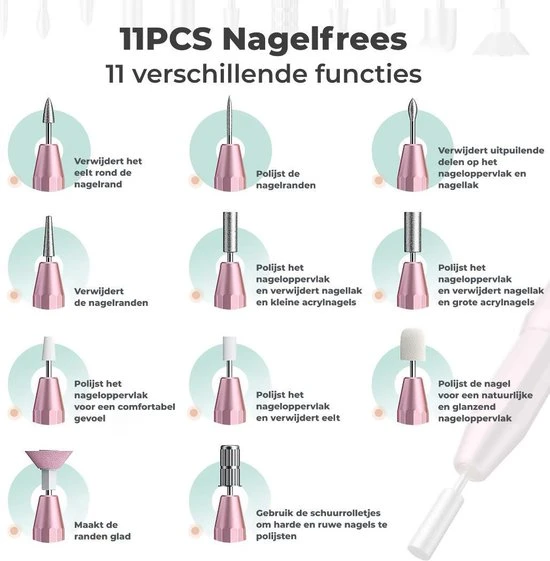 ProductPlanet Premium Elektrische Nagelvijl Set 2022 - Nagelvijl Electrisch - Manicure En Pedicure Set - Electrische Nagelvijl - 60 Schuurrolletjes & 11 NagelFrees Bitjes - Roze - Image 2