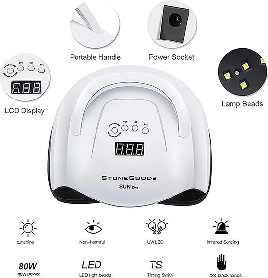 StoneGoods 80W Nageldroger Voor Gelnagels - Sun X Plus- Professionele 42LED UV Nagellamp Voor Gel Nagellak - 42 LEDlampjes - SMART Sensor - 2 Handen Droger - Timer 10/30/60/90 Sec - UV LCD Disply - Low Heat Mode - Automatic Sensor - Double Light - Nagel Gellak - Image 4